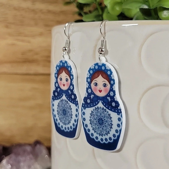 Matryoshka Drop Earrings, blue - Picture 3 of 6